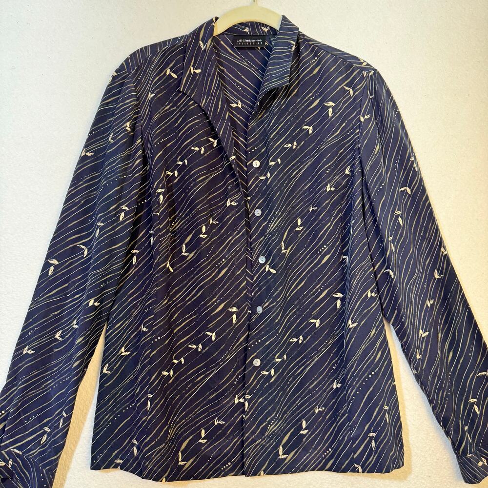 Liz Claiborne Navy Blue Silk Blouse Cream Leaf Print Size 6 Long Sleeve Shirt